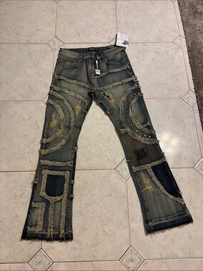 Men's Distressed Patchwork Bootcut Jeans - Dark Blue